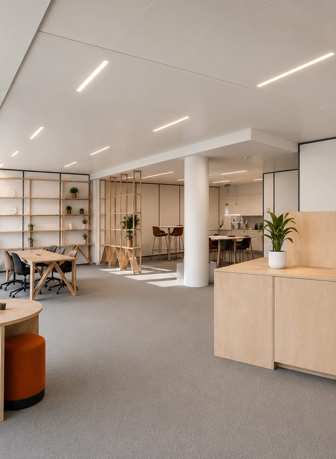 L’espace de coworking L’escale : bureaux en bois clair, bibliothèques et plantes